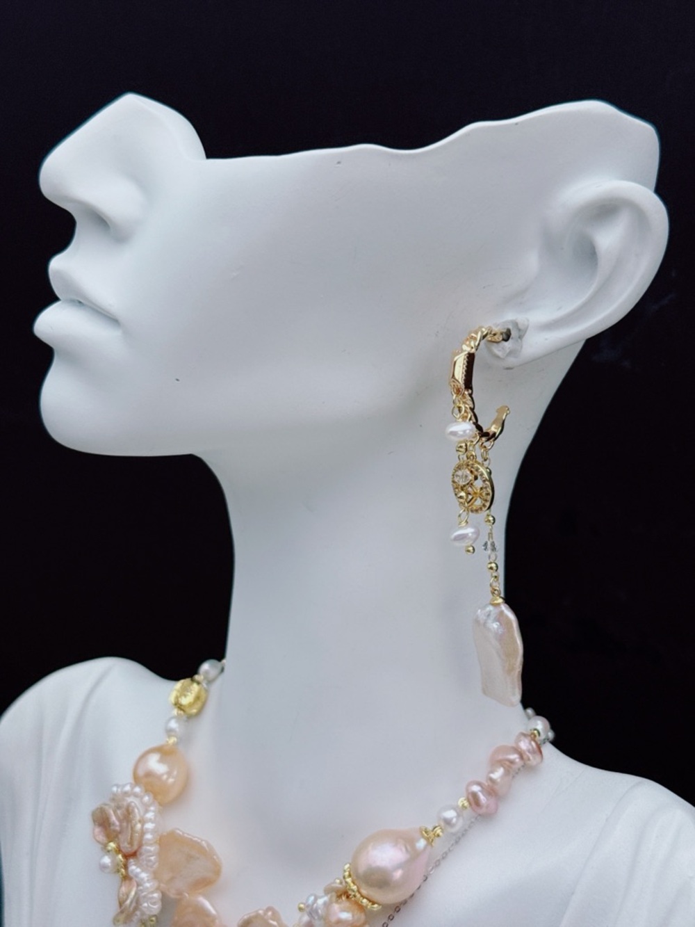 26E299 Handmade Freshwater Baroque Pearl Dangling Earrings Flower Petal Pearl - Picture 6 of 10